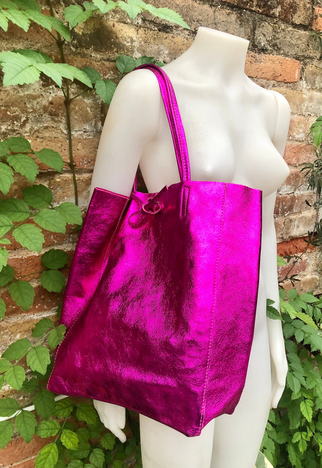 Tote leather bag in fuchsia pink. GENUINE metallic leather bag. Large glitter hot pink leather shopper bag, Laptop bag. Metallic pink purse