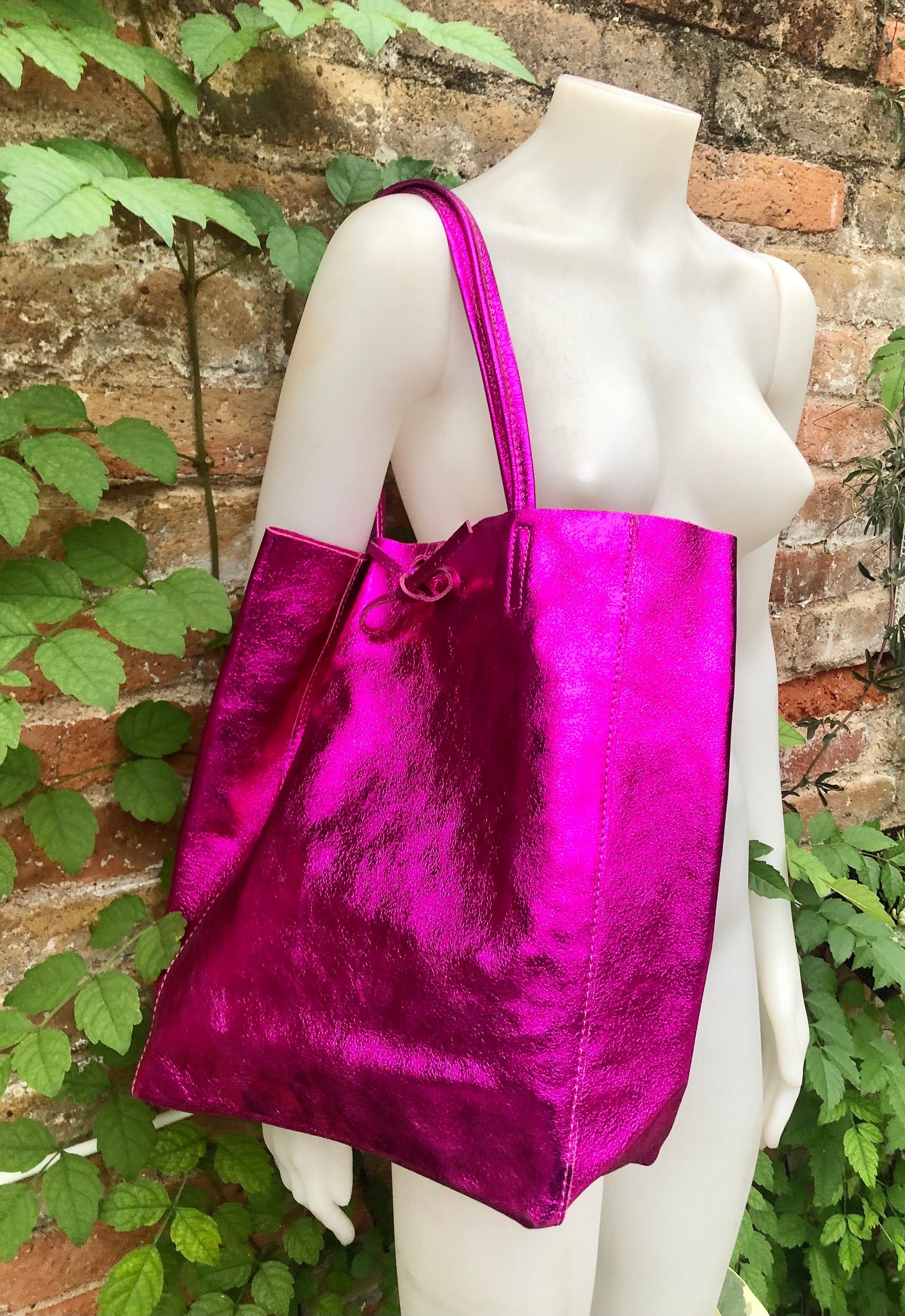 Tote leather bag in fuchsia pink. GENUINE metallic leather bag. Large glitter hot pink leather shopper bag, Laptop bag. Metallic pink purse