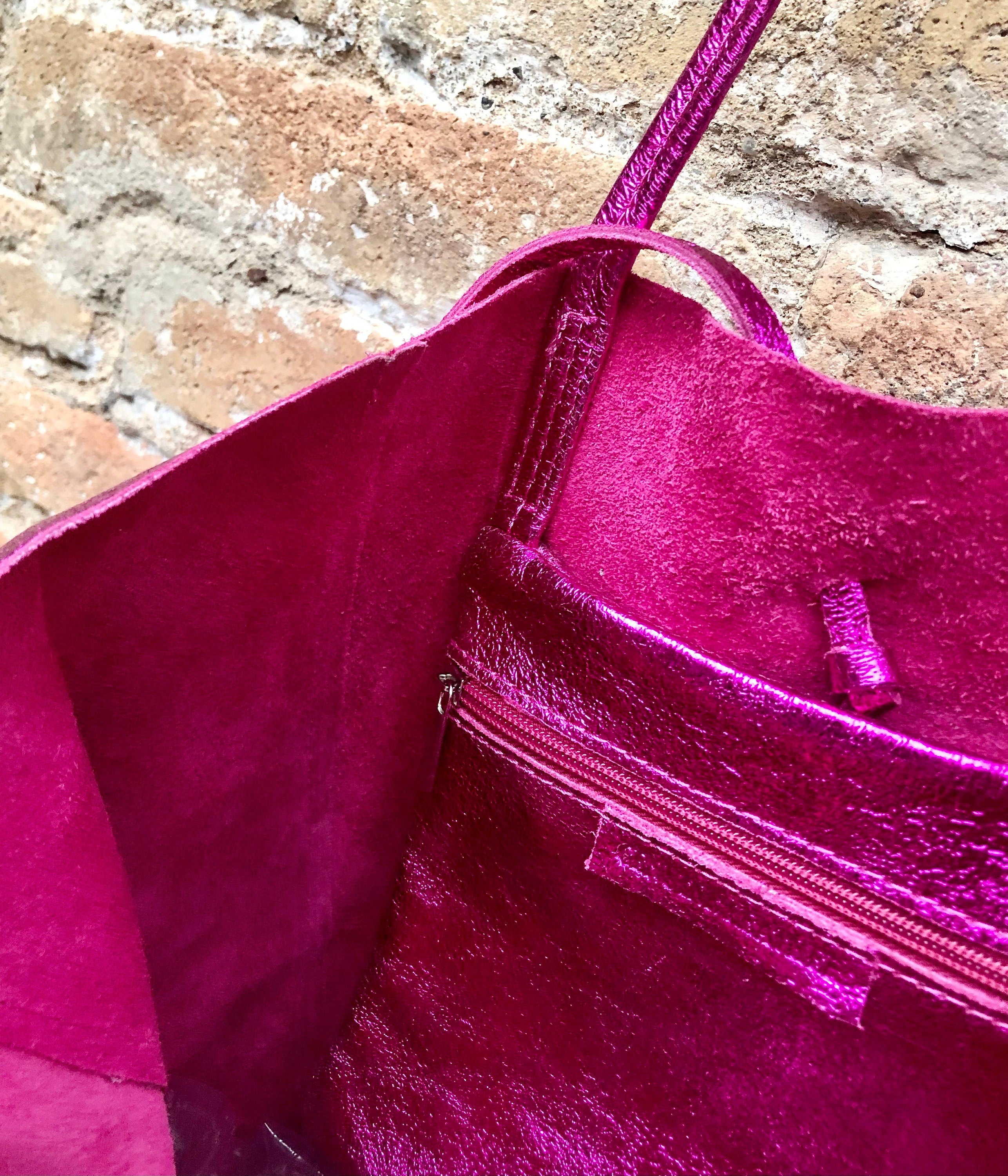 Tote leather bag in fuchsia pink. GENUINE metallic leather bag. Large glitter hot pink leather shopper bag, Laptop bag. Metallic pink purse