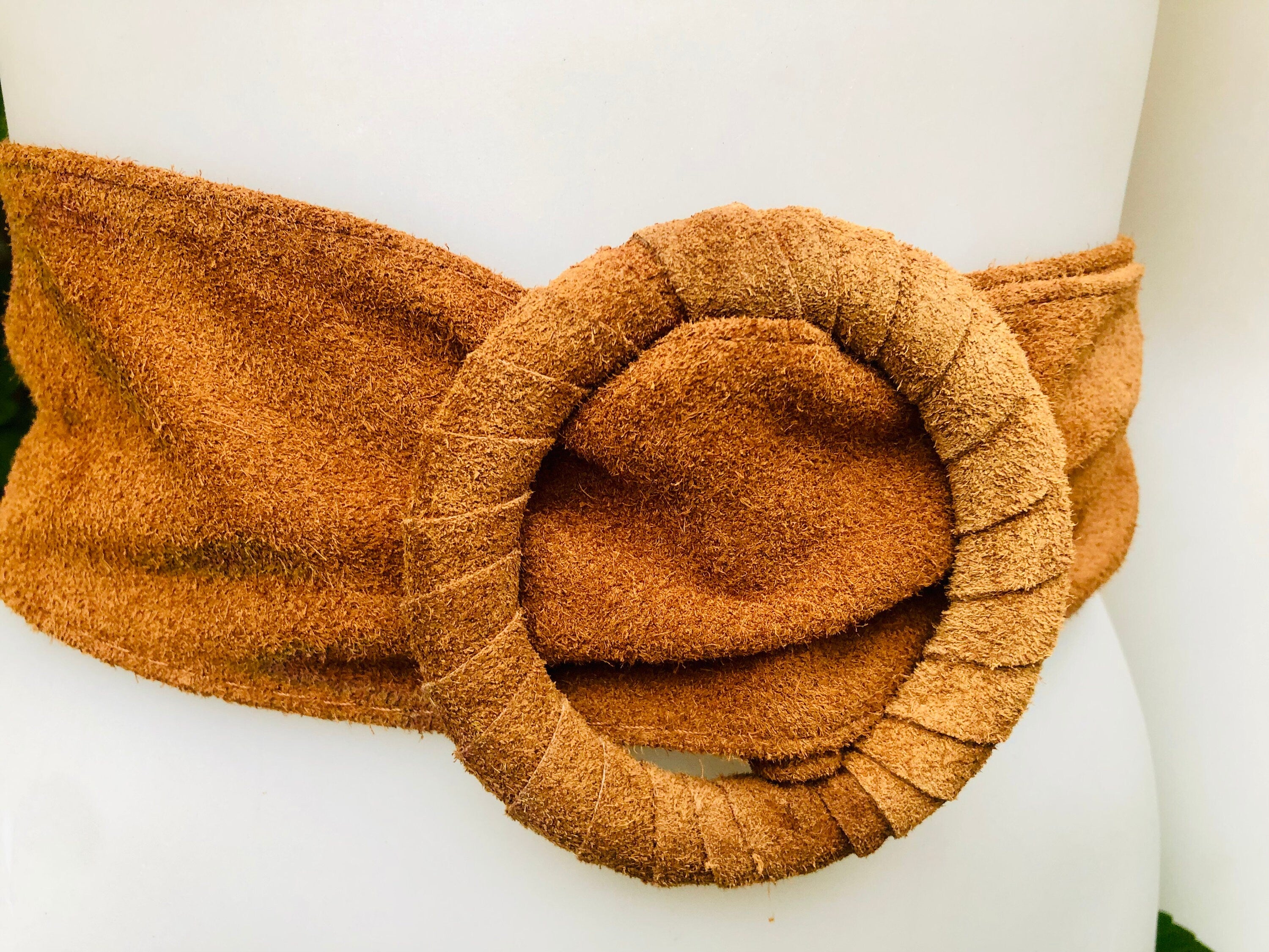 Camel brown suede waist belt with large round buckle. Soft suede belt in light rusty brown. Boho suede belt. Genuine natural suede leather.