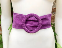 Purple suede waist belt with large round buckle. Boho soft suede belt in a deep mauve shade. Genuine natural purple suede leather