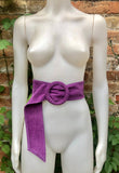 Purple suede waist belt with large round buckle. Boho soft suede belt in a deep mauve shade. Genuine natural purple suede leather