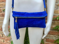 Crossbody bag. Boho suede leather bag in COBALT blue with tassel. Small messenger bag in genuine suede leather. Royal blue suede purse