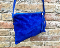 Crossbody bag. Boho suede leather bag in COBALT blue with tassel. Small messenger bag in genuine suede leather. Royal blue suede purse