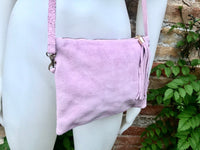 Light PURPLE - PINK crossbody bag. Boho suede leather bag with tassel. Small messenger bag in genuine suede leather. Mauve pink suede purse