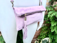 Light PURPLE - PINK crossbody bag. Boho suede leather bag with tassel. Small messenger bag in genuine suede leather. Mauve pink suede purse