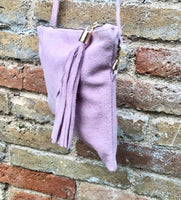 Light PURPLE - PINK crossbody bag. Boho suede leather bag with tassel. Small messenger bag in genuine suede leather. Mauve pink suede purse