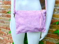 Light PURPLE - PINK crossbody bag. Boho suede leather bag with tassel. Small messenger bag in genuine suede leather. Mauve pink suede purse