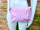 Light PURPLE - PINK crossbody bag. Boho suede leather bag with tassel. Small messenger bag in genuine suede leather. Mauve pink suede purse