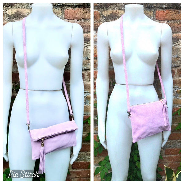 Light PURPLE - PINK crossbody bag. Boho suede leather bag with tassel. Small messenger bag in genuine suede leather. Mauve pink suede purse