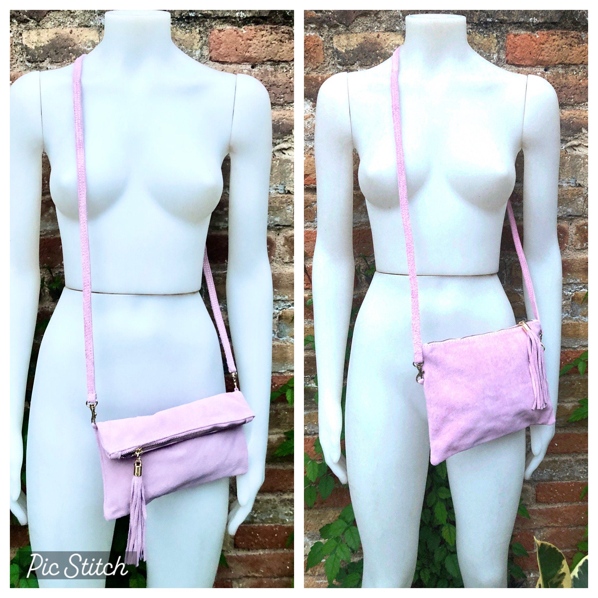 Light PURPLE - PINK crossbody bag. Boho suede leather bag with tassel. Small messenger bag in genuine suede leather. Mauve pink suede purse