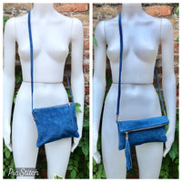 Crossbody bag. Boho suede leather bag in medium blue with tassel. Small messenger bag in genuine suede leather. Denim blue suede purse