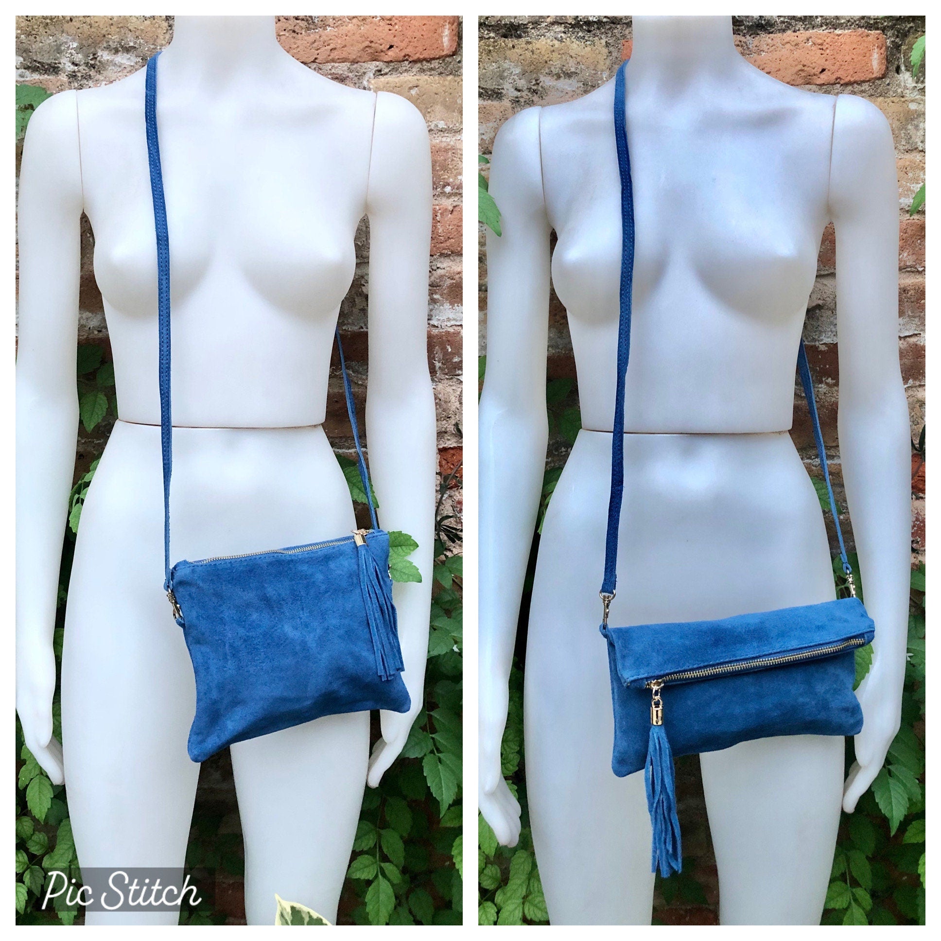 Crossbody bag. Boho suede leather bag in medium blue with tassel. Small messenger bag in genuine suede leather. Denim blue suede purse