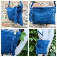 Crossbody bag. Boho suede leather bag in medium blue with tassel. Small messenger bag in genuine suede leather. Denim blue suede purse