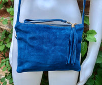 Crossbody bag. Boho suede leather bag in medium blue with tassel. Small messenger bag in genuine suede leather. Denim blue suede purse