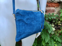 Crossbody bag. Boho suede leather bag in medium blue with tassel. Small messenger bag in genuine suede leather. Denim blue suede purse