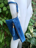 Crossbody bag. Boho suede leather bag in medium blue with tassel. Small messenger bag in genuine suede leather. Denim blue suede purse