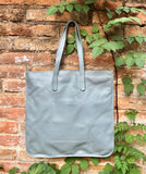 Blue-gray leather bag with zipper. Genuine leather shopper bag. Large BLUE shoulder bag for your laptop, books. Soft leather shopper