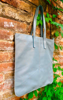 Blue-gray leather bag with zipper. Genuine leather shopper bag. Large BLUE shoulder bag for your laptop, books. Soft leather shopper