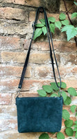 TEAL BLUE -green suede leather bag. Cross body / shoulder bag. Small GENUINE leather bag with adjustable strap + zipper. Teal blue purse