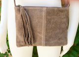 Suede leather bag in DARK Beige, taupe color .Cross body bag in GENUINE leather. Small brown leather bag with adjustable strap and zipper.