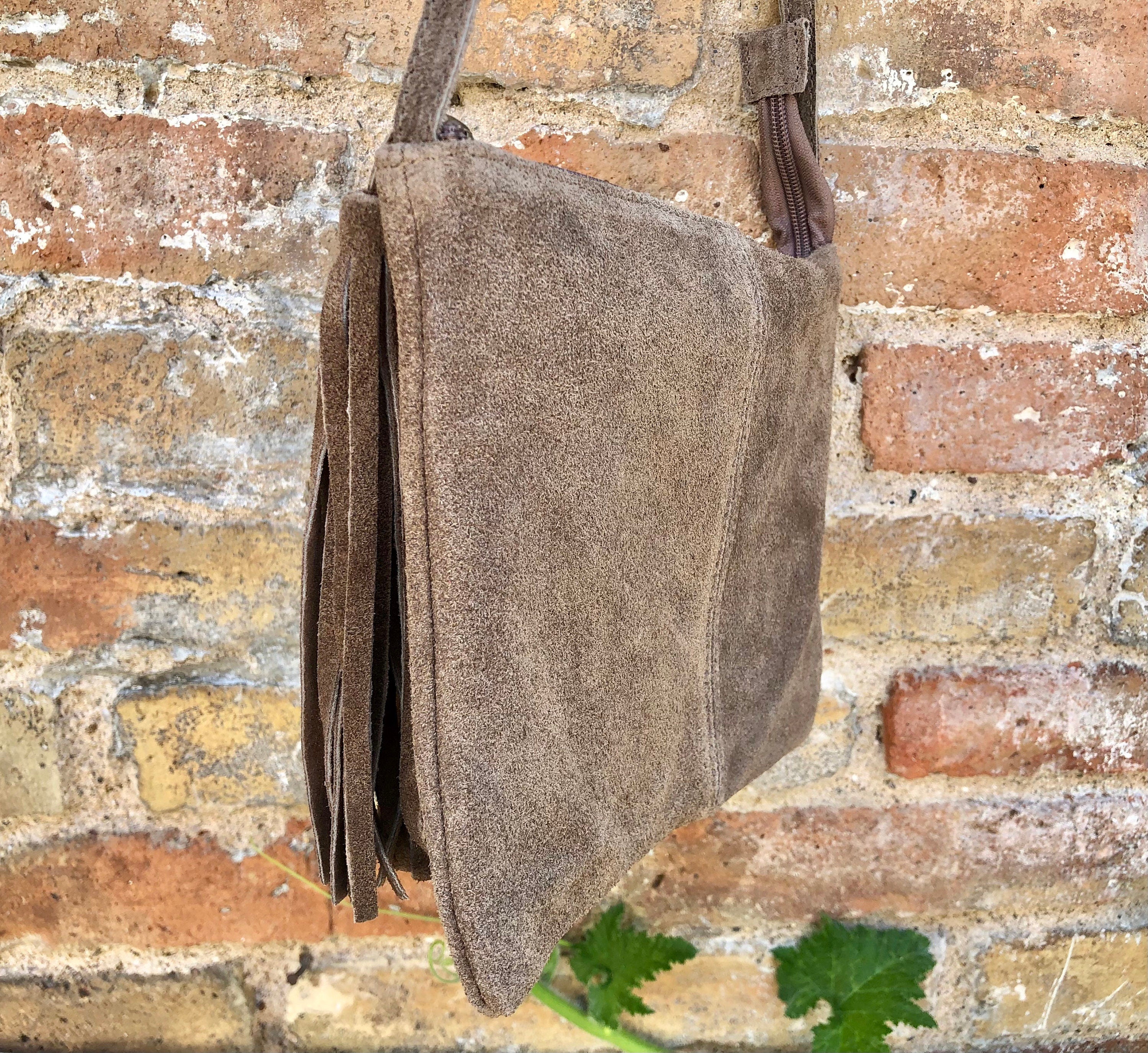 Suede leather bag in DARK Beige, taupe color .Cross body bag in GENUINE leather. Small brown leather bag with adjustable strap and zipper.