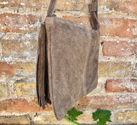 Suede leather bag in DARK Beige, taupe color .Cross body bag in GENUINE leather. Small brown leather bag with adjustable strap and zipper.