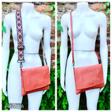 Orange leather bag. 2 straps: 1 leather + 1 guitar strap. GENUINE leather Crossbody / shoulder bag. Orange purse with flap and zipper