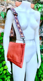 Orange leather bag. 2 straps: 1 leather + 1 guitar strap. GENUINE leather Crossbody / shoulder bag. Orange purse with flap and zipper