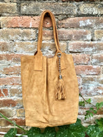 Camel brown leather shopper bag in genuine suede. Slouchy saddle brown carry all tote bag for laptops, tablets, books. Brown leather purse