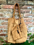 Camel brown leather shopper bag in genuine suede. Slouchy saddle brown carry all tote bag for laptops, tablets, books. Brown leather purse