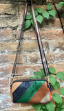 Small genuine leather bag. 2 sided cross body /shoulder bag./ wristet. 70s boho purse. Green, brown, navy, orange.