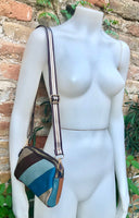 Small genuine leather bag. 2 sided cross body /shoulder bag./ wristet. 70s boho purse. Green, brown, navy, orange.