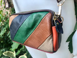 Small genuine leather bag. 2 sided cross body /shoulder bag./ wristet. 70s boho purse. Green, brown, navy, orange.