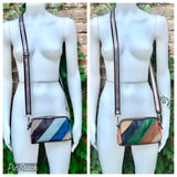 Small genuine leather bag. 2 sided cross body /shoulder bag./ wristet. 70s boho purse. Green, brown, navy, orange.