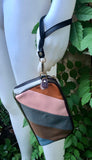 Small genuine leather bag. 2 sided cross body /shoulder bag./ wristet. 70s boho purse.Pink, blue, brown, yellow with narrow guitar strap