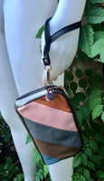 Small genuine leather bag. 2 sided cross body /shoulder bag./ wristet. 70s boho purse. Green, brown, navy, orange.