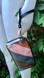 Small genuine leather bag. 2 sided cross body /shoulder bag./ wristet. 70s boho purse. Green, brown, navy, orange.