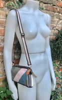 Small genuine leather bag. 2 sided cross body /shoulder bag./ wristet. 70s boho purse. Pink, blue, brown with narrow guitar strap