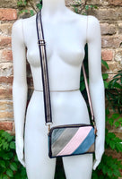 Small genuine leather bag. 2 sided cross body /shoulder bag./ wristet. 70s boho purse. Pink, blue, brown with narrow guitar strap