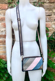 Small genuine leather bag. 2 sided cross body /shoulder bag./ wristet. 70s boho purse. Pink, blue, brown with narrow guitar strap