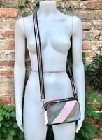 Small genuine leather bag. 2 sided cross body /shoulder bag./ wristet. 70s boho purse. Pink, blue, brown with narrow guitar strap