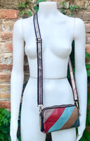 Small genuine leather bag. 2 sided cross body /shoulder bag./ wristet. 70s boho purse. Red, blue, brown with narrow guitar strap