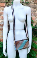 Small genuine leather bag. 2 sided cross body /shoulder bag./ wristet. 70s boho purse. Red, blue, brown with narrow guitar strap