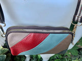 Small genuine leather bag. 2 sided cross body /shoulder bag./ wristet. 70s boho purse. Red, blue, brown with narrow guitar strap