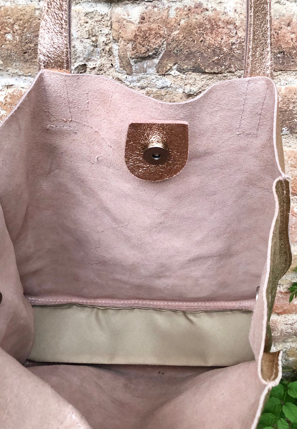 Tote leather bag in pink gold .Soft natural genuine leather shopper bag. Metallic leather shopper. Pink shoulder bag. Gold pink purse