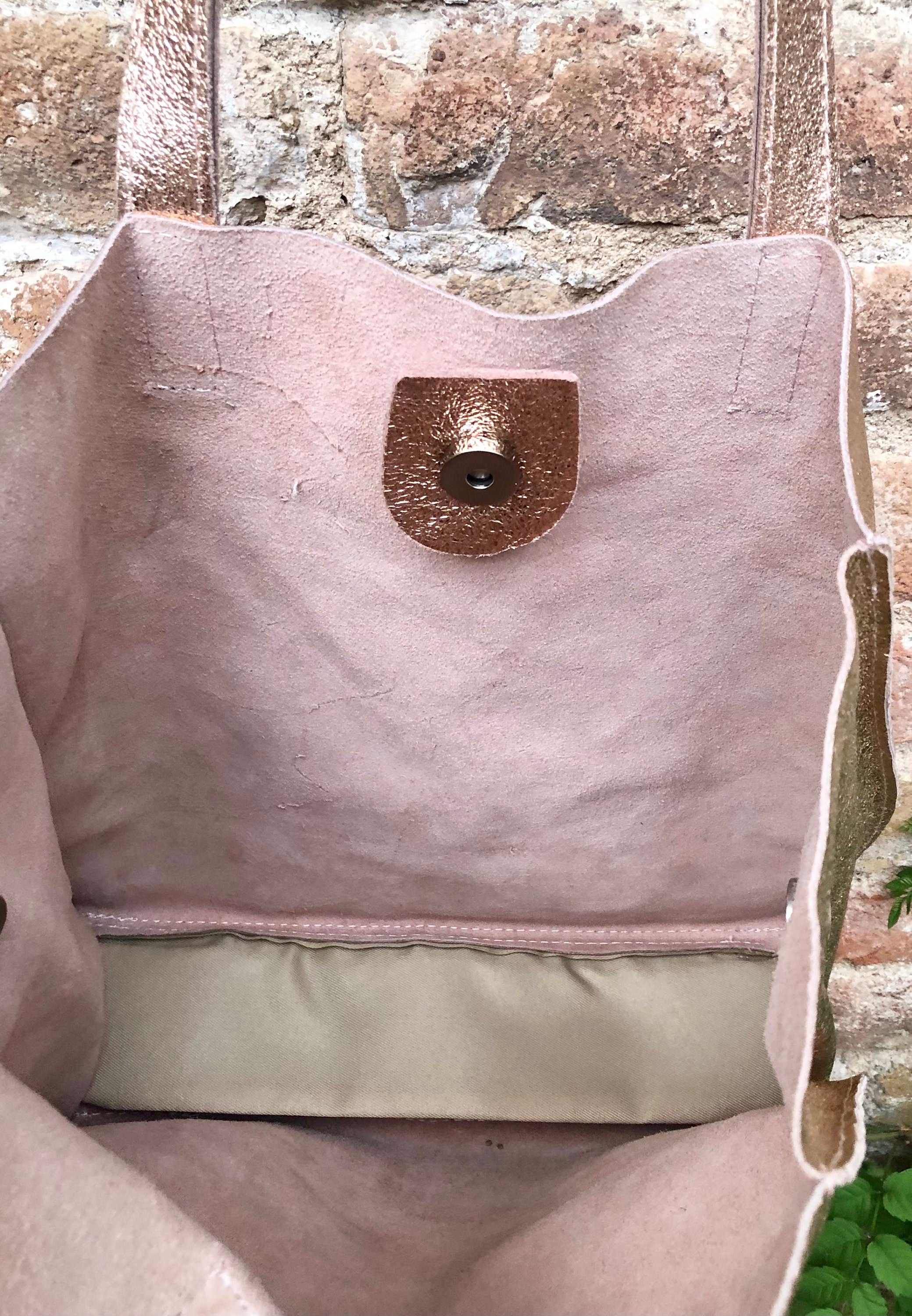 Tote leather bag in pink gold .Soft natural genuine leather shopper bag. Metallic leather shopper. Pink shoulder bag. Gold pink purse