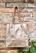 Tote leather bag in pink gold .Soft natural genuine leather shopper bag. Metallic leather shopper. Pink shoulder bag. Gold pink purse