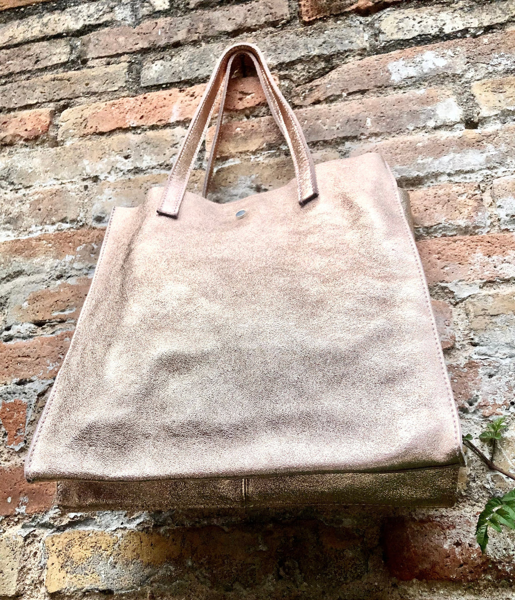 Tote leather bag in pink gold .Soft natural genuine leather shopper bag. Metallic leather shopper. Pink shoulder bag. Gold pink purse