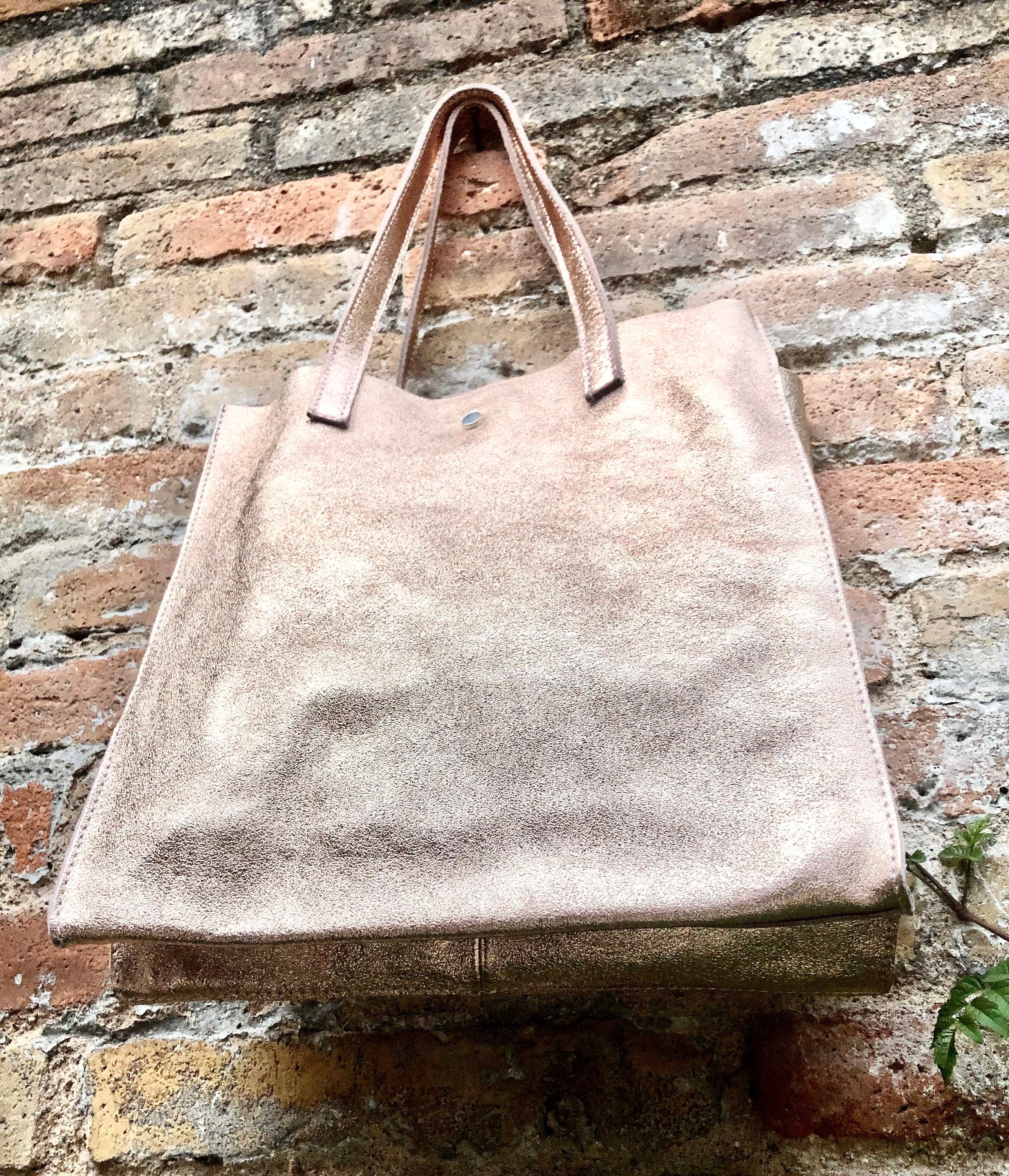 Tote leather bag in pink gold .Soft natural genuine leather shopper bag. Metallic leather shopper. Pink shoulder bag. Gold pink purse
